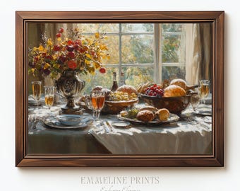 Wine & Appetizers Still Life | Autumn Harvest Dining Table | Vintage Impressionist Wall Art | Digital Download