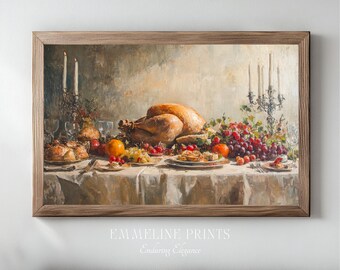 Festive Turkey Dinner | Vintage Autumn Harvest Still Life | Holiday Feast Impressionist Art | Digital Download