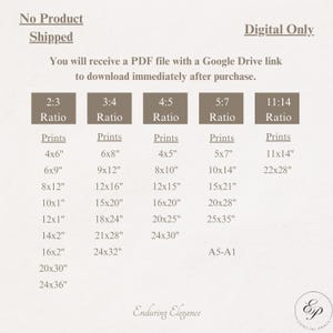 May include: A digital art print size chart with various aspect ratios and print sizes, including 4x6 inches, 8x10 inches, and 11x14 inches. The text indicates the product is digital only and will be available for immediate download.