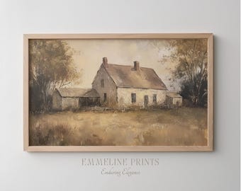 Vintage Farmhouse Landscape Art Print: Rustic Country Meadow (Digital Download)