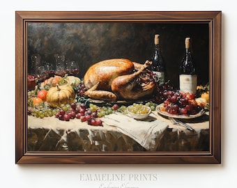 Thanksgiving Turkey Dinner | Harvest Feast Still Life | Vintage Autumn Table Wall Art | Digital Download
