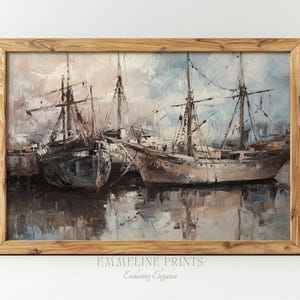 Harbored Sailboats Art Print | Vintage Seaside Harbor Scene with Wooden Boats | Nautical Wall Art Download