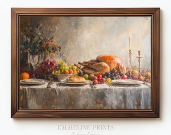 Turkey Dinner Still Life | Autumn Harvest Feast Art | Vintage Impressionist Holiday Table | Digital Download