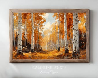 Autumn Aspen Forest | Golden Fall Woodland Painting Print | Rustic Nature Wall Art | Digital Download