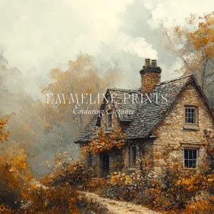 May include: An autumnal landscape painting featuring a stone cottage with a slate roof and a smoking chimney. The artwork, by Emmeline Prints, showcases a path leading to the cottage, surrounded by fall foliage in shades of gold and brown.
