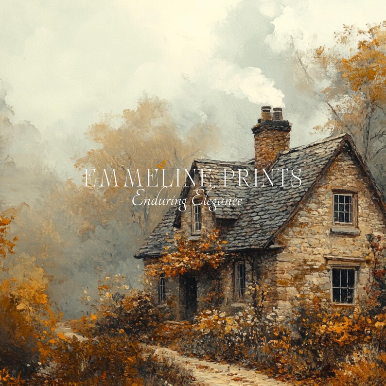 May include: An autumnal landscape painting featuring a stone cottage with a slate roof and a smoking chimney. The artwork, by Emmeline Prints, showcases a path leading to the cottage, surrounded by fall foliage in shades of gold and brown.