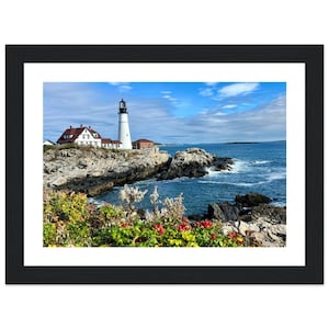 Fotografía enmarcada en madera de papel mate de primera calidad del faro de Portland Head, decoración artística de Maine, decoración náutica para el hogar, paisaje costero
