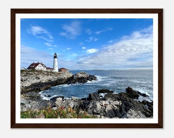 Fotografia del faro di Portland Head, stampata su carta opaca di alta qualità e incorniciata in legno. Decorazione artistica del Maine, arredamento nautico per la casa, paesaggio costiero.