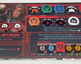 May include: A red and black game board with the title "Maelstrom" and the starting district "Watson". The board features a rage track with five spaces, a well-armed ability, and a set of action tokens.