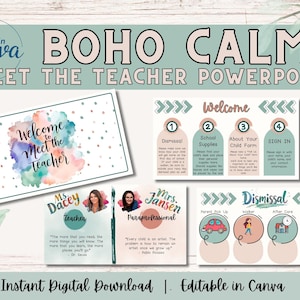 Pode incluir: Um download digital intitulado "BOHO CALM MEET THE TEACHER POWERPOINT". O design apresenta elementos em aquarela, incluindo um gráfico "Bem-vindo" e cartões de apresentação de professores. Inclui informações sobre demissão, material escolar e inscrição. O texto "Download digital instantâneo | Editável no Canva" também está presente.