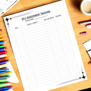 Könnte beinhalten: Ein weißes UFLI-Bewertungs-Tracking-Blatt mit schwarzem Rand und Text. Das Blatt enthält Abschnitte für den Namen des Schülers, Rechtschreibwörter und Sätze. Bunte Stifte sind auf der linken Seite zu sehen.