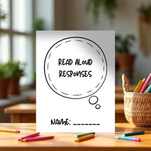 Puede incluir: Una hoja de papel blanca con el texto "READ ALOUD RESPONSES" dentro de un bocadillo. Debajo del bocadillo está la palabra "NAME:" seguida de una línea. Lápices de colores y una cesta de mimbre en el fondo.