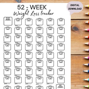 May include: A printable weight loss tracker with 52 scales to track your progress over a year. The tracker has a space for your start weight and end weight. The text "52 - WEEK Weight Loss tracker" is at the top of the page. The text "DIGITAL DOWNLOAD" is in a speech bubble at the top right corner of the page.