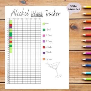 May include: A printable alcohol tracker with a grid for each month of the year. The tracker is color-coded to indicate the number of drinks consumed each day. The colors are green, pink, purple, red, and orange.