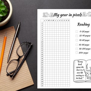 Mein Jahr in Pixels, Lese-Tracker, DRUCKBARE Journalseiten, digitale Planerseiten, A5- und A4-Format