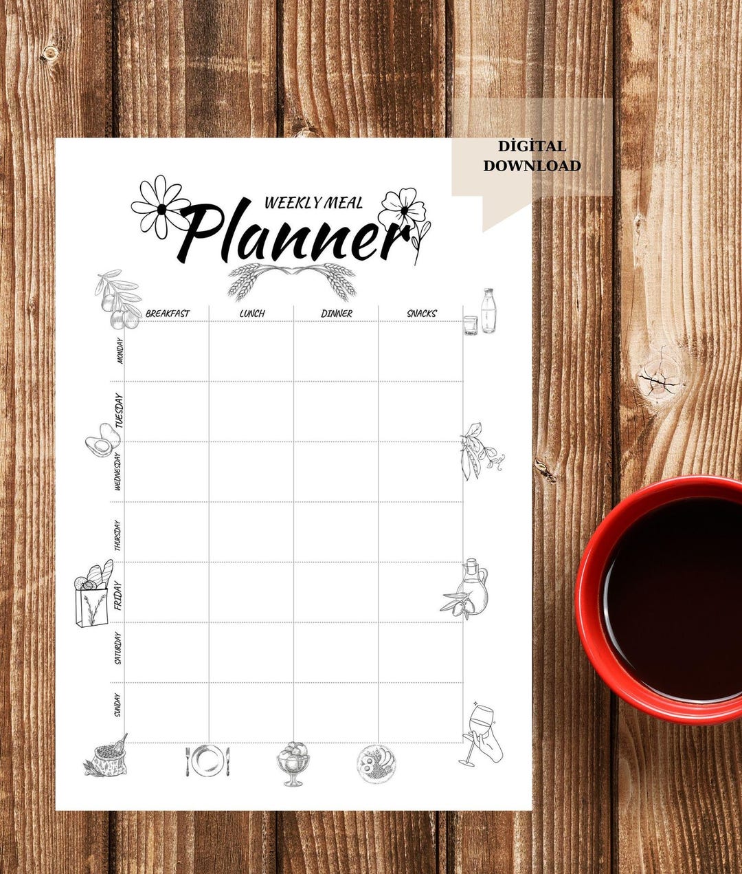 Weekly Printable Digital Meal Planner With Grocery List and Food ...