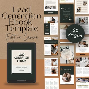 Könnte beinhalten: Ein digitales Tablet zeigt ein grünes und weißes E-Book-Cover mit dem Text "Lead Generation E-Book". Das Cover hat einen braunen Hintergrund und der Text "Add a short description of your book and it's purpose" befindet sich unter dem Titel. Das Tablet liegt auf einer braunen Oberfläche mit einem Hintergrund aus verschiedenen Seiten des E-Books, die in einem grün-weißen Farbschema gehalten sind. Der Text "50 Pages" ist auf einer der Seiten sichtbar.