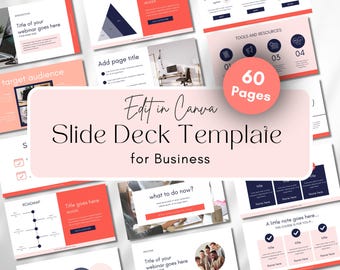 May include: A pink and white slide deck template for business presentations. The template includes 60 pages and is editable in Canva. The text "Edit in Canva" and "Slide Deck Template for Business" is displayed in a large font on the front cover.