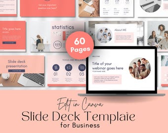 May include: A pink and white slide deck template for business presentations. The template includes 60 pages and features a variety of layouts, including slides for statistics, tools and resources, and about me. The template is designed to be used with Canva.