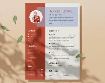 May include: A resume template with a red and white colour scheme. The resume is for Harriet Thorpe and includes sections for contact information, experience, education, skills, languages, and references.