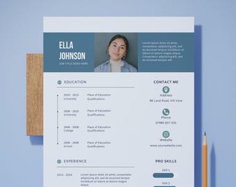 May include: A professional resume template in blue and white. The document features sections for education, experience, and contact details. The name "ELLA JOHNSON" is prominently displayed, accompanied by a photograph. The resume also includes a "PRO SKILLS" section.