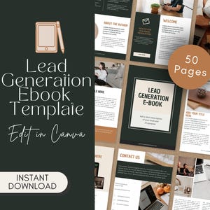 Könnte beinhalten: Eine grüne und braune digitale E-Book-Vorlage mit dem Text "Lead Generation Ebook Template" und "Edit in Canva". Die Vorlage hat 50 Seiten und umfasst Abschnitte für "About the Author", "Welcome", "Lead Generation E-book", "Contact Us" und "Contents".