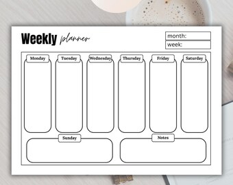 Printable Weekly Planner A4 Landscape PDF + PNG | Minimalist Black & White Undated Weekly Schedule Template