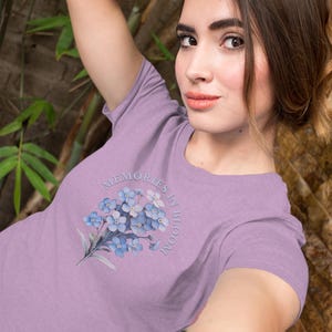 Forget Me Not T-Shirt -- &quot;Memories In Bloom&quot; -- Blue Floral Premium Cotton Women&#39;s Sentimental Gift