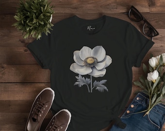 Anemone Flower T-Shirt -- Elegant Botanical Tee -- Women's White Floral Premium Cotton Nature Lover Gift