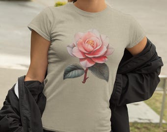Camellia Flower T-Shirt -- Pink Rose Bloom Design -- Women's Botanical Premium Cotton Garden Gift