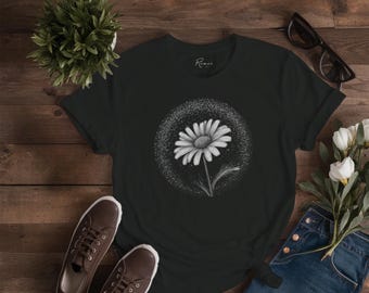 Daisy Flower T-Shirt -- Monochrome Botanical Art -- Black White Floral Premium Cotton Women's Gift