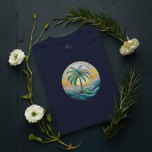 Palm Tree T-Shirt -- Sunset Beach Design -- Tropical Ocean Premium Cotton Women&#39;s Vacation Gift