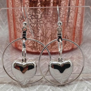 Round dangling earring, ring and silver heart, elegant & minimalist style, handmade jewelry, gift for woman