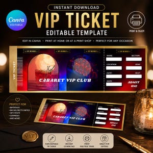Peut inclure: Un modèle de billet VIP doré et noir avec le texte "VIP TICKET EDITABLE TEMPLATE" et "CABARET VIP CLUB". Le billet comprend des champs pour le nom, le lieu, la date et le siège. Le design convient aux anniversaires, aux enterrements de vie de jeune fille et aux événements VIP.