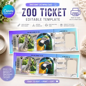 Peut inclure: Deux billets de zoo avec une illustration de zèbre et de perroquet. Les billets ont un design dégradé violet et bleu, avec le texte "ZOO TICKET" et "You are going to the Zoo". Les billets sont modifiables et imprimables.