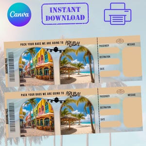 Billet d'avion Aruba- Billet Cadeau-Modèle de billet numérique modifiable et imprimable- Carte Cadeau Personnalisée pour Toutes Occasions