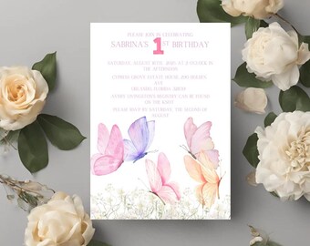 Instant Digital Download Birthday Template - First Birthday Butterfly Invitation for Girls