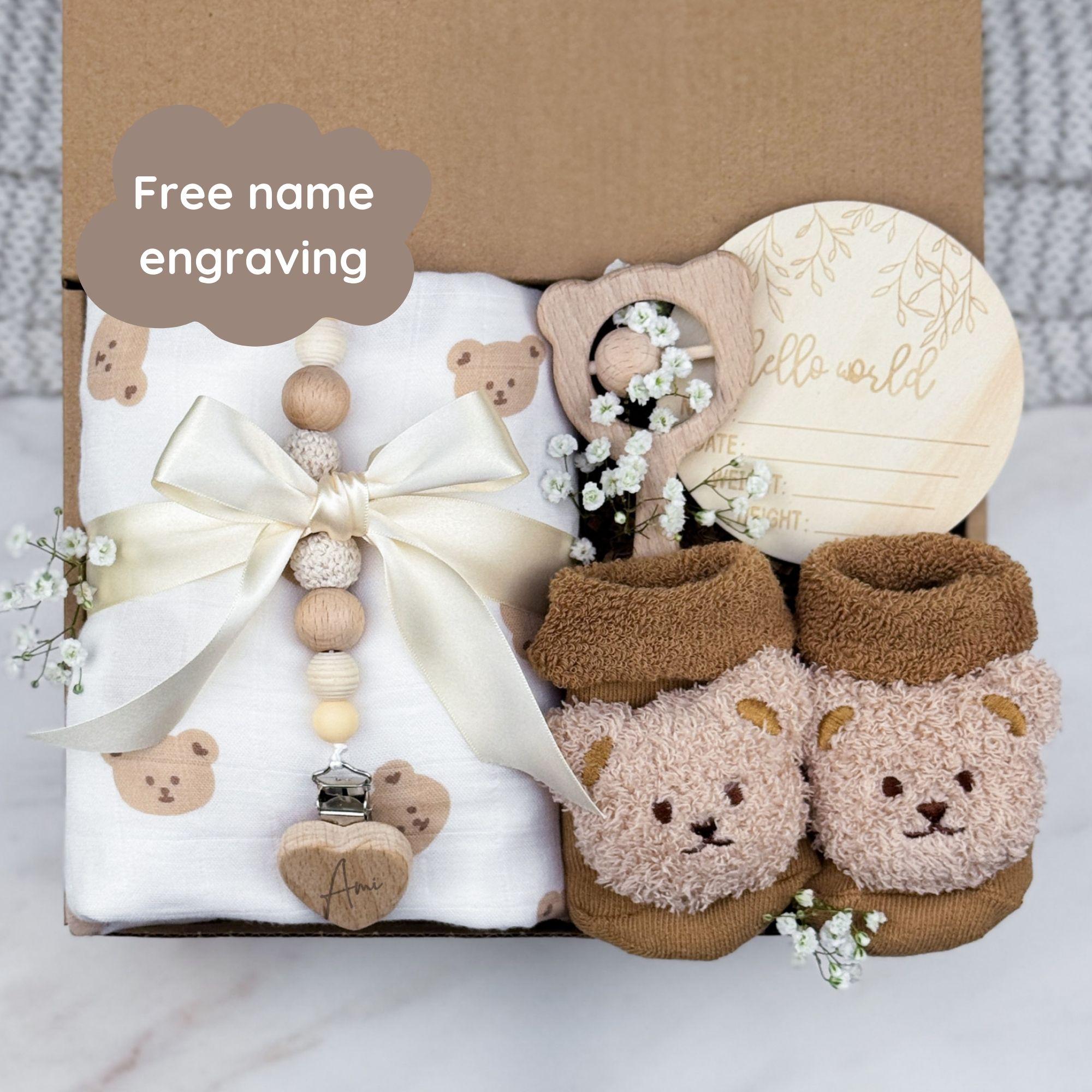Custom Baby Gift Box, Personalized Pacifier Clip for New Baby, Pregnancy Announcement, Baby Shower Gifts Idea, Gender Neutral, Teddy Bear