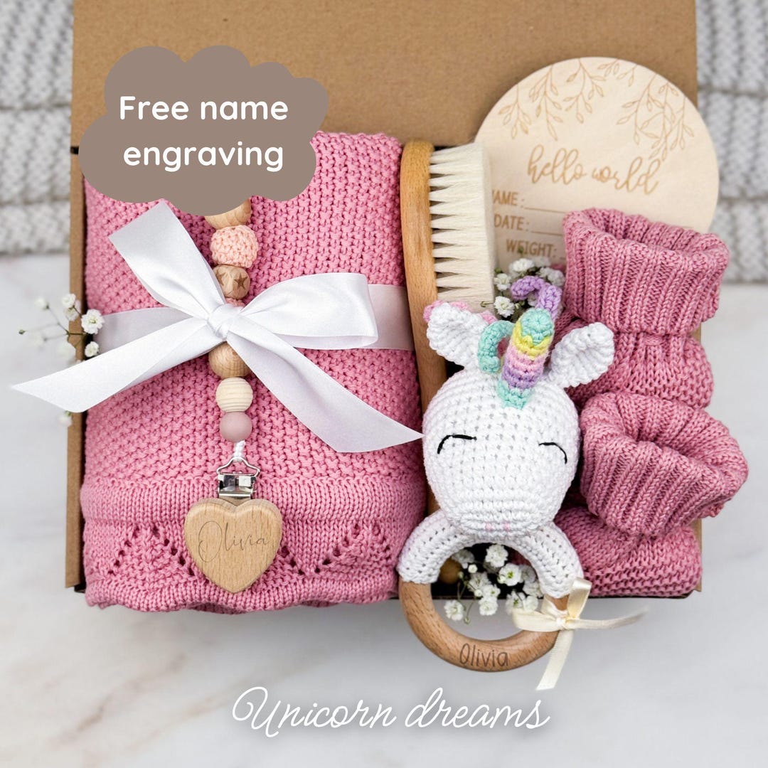 Personalized Baby Gift Box With Knitted Blanket and Crochet Animal ...