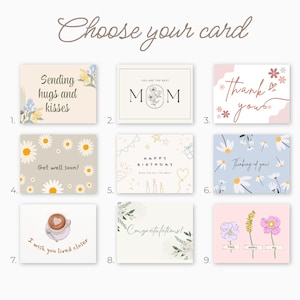 May include: A selection of nine greeting cards with various designs and messages. The cards include floral illustrations, the words "Sending hugs and kisses," "MOM," "Thank you," "Get well soon," "Happy Birthday," and "Thinking of you!"