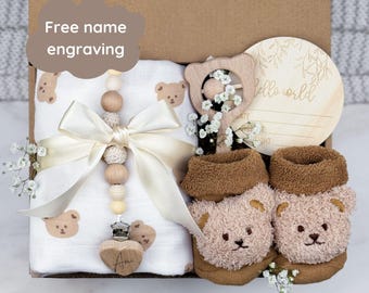 Custom Baby Gift Box, Personalized Pacifier Clip for New Baby, Pregnancy Announcement, Baby Shower Gifts Idea, Gender Neutral, Teddy Bear