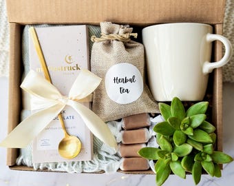 Succulent Gift Box, Self Care Package for Woman, Plant Lover Gift Idea, Hygge Gift Box with Blanket, Tea, Candle, Socks, Sending a Hug