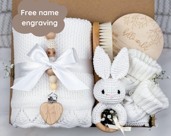 Personalized Baby Gift Box with White Knitted Blanket, Gender Neutral Gift for Mom to Be, Baby Shower Gift, Custom Christmas Gift for Baby