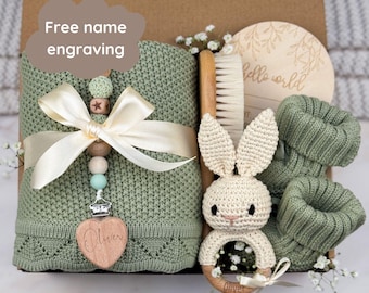 Personalized Fall Baby Shower Gift Box with Sage Green Knitted Blanket and Crochet Animal Rattle with Name, Gender Neutral Gift for New Mom
