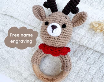 Personalized Christmas Baby Gift, Engraved Animal Crochet Rattle, Winter Baby Shower Gift Idea, Custom Gift with Name, 1st Christmas Gift