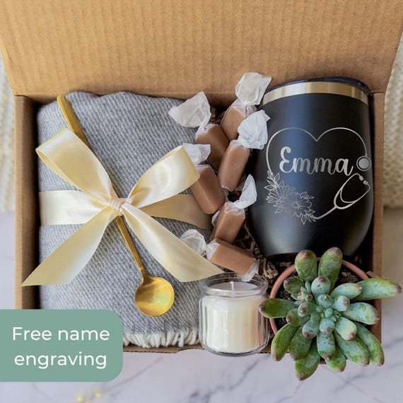 Nurse Gift Basket: Personalized Tumbler, Blanket & Succulent
