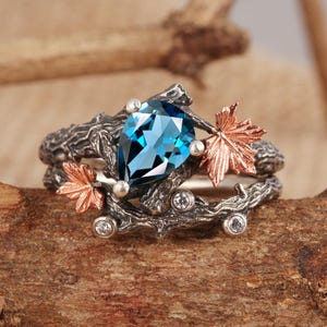 Birne Blautopas Ringset Ahornblatt Ring Birne Blautopas Ringset Verlobungsring Ahornblatt Blautopas Ring Naturinspiration Ehering