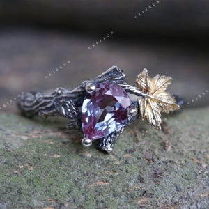 Alexandrit Ring mit Twining Zweig Design, Zweig Verlobungsring, Hand geschnitzte Baum Muster Ring, Ahornblatt Kupfer Ring, Jubiläumsgeschenk