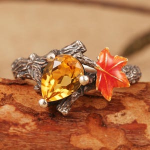 Natürliche Citrin Ahornblatt Ring Einzigartige Citrin Verlobungsring Natur Birne Citrin Ring Frauen Versprechen Ring Einzigartige Birne Gelber Stein Ring