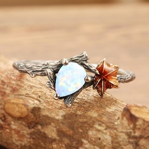 Antike Natürliche weiße Opalring Ahornblatt Verlobungsring Blatt Naturweißer Opalring Frauen Versprechen Ring Blattring Einzigartige Birne Opal Ring